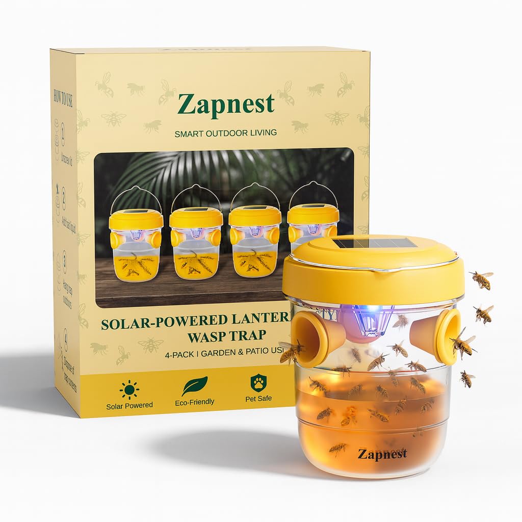 Zapnest solar-wasp-trap 4-pack in use, capturing pests around a sunny garden.