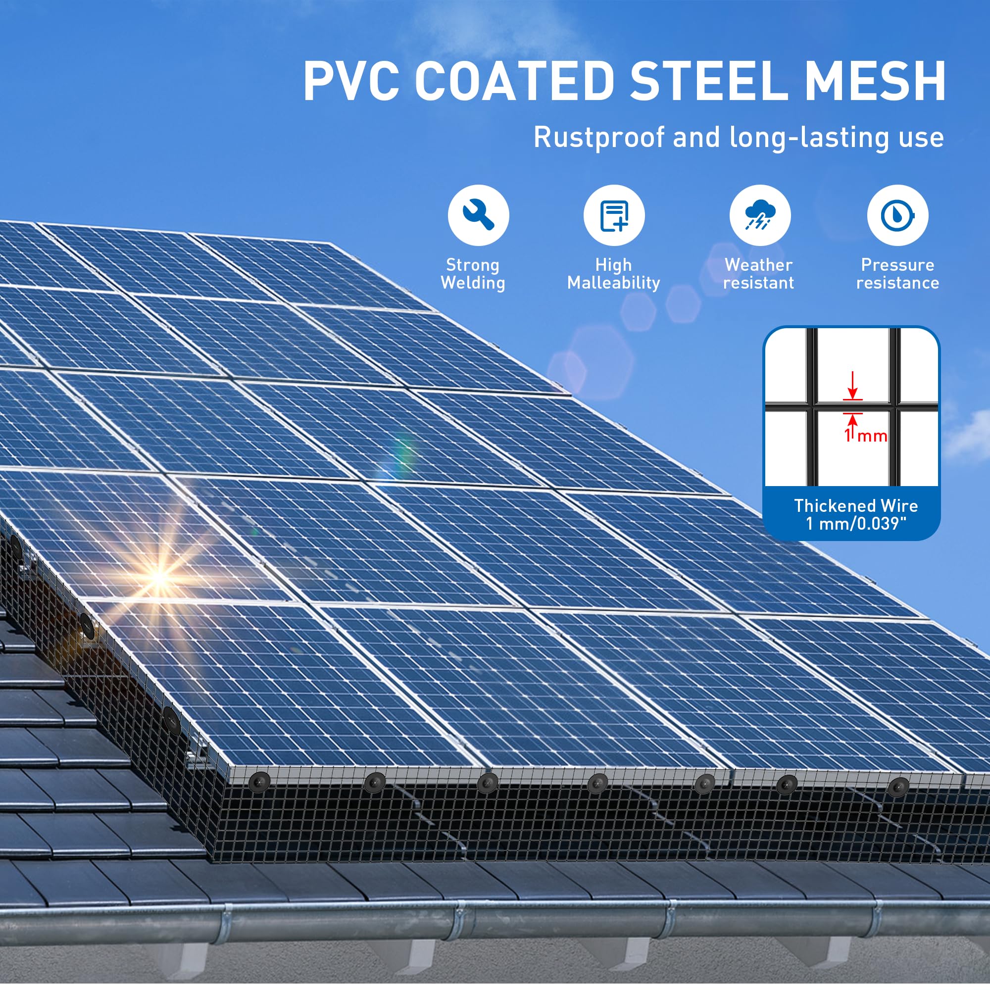 Zapstarz PVC-coated solar panel mesh keeps rooftop surfaces corrosion-free.