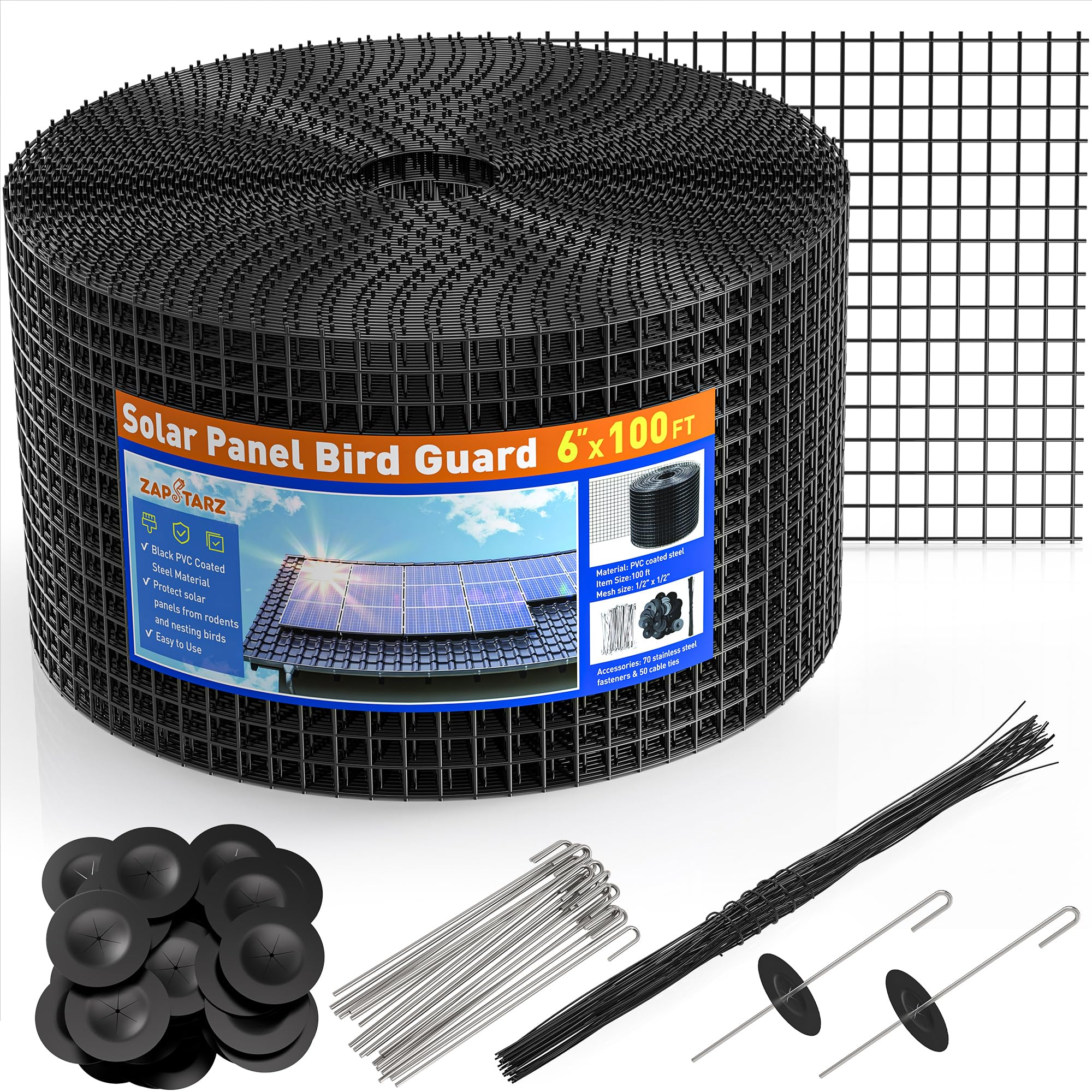 Zapstarz 6in x 100ft bird guard mesh protects solar panels from birds while letting wind pass