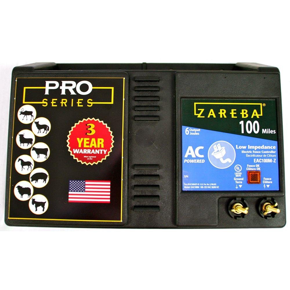 Zareba 100 Mile AC fence charger front view protects livestock and deters predators.