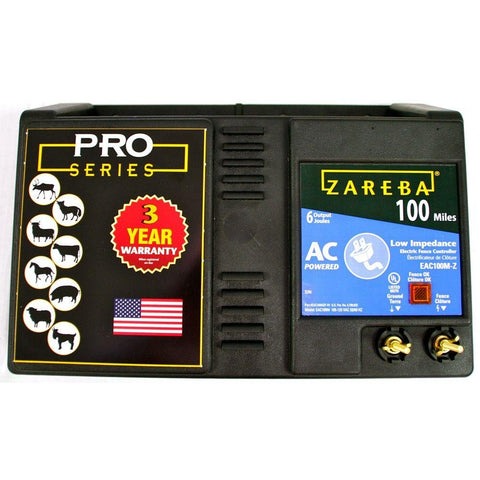 Zareba 100 Mile AC fence charger front view protects livestock and deters predators.