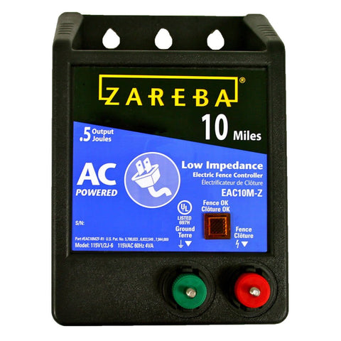Zareba 10 Mile AC-powered charger front view with rugged outdoor housing for livestock protection