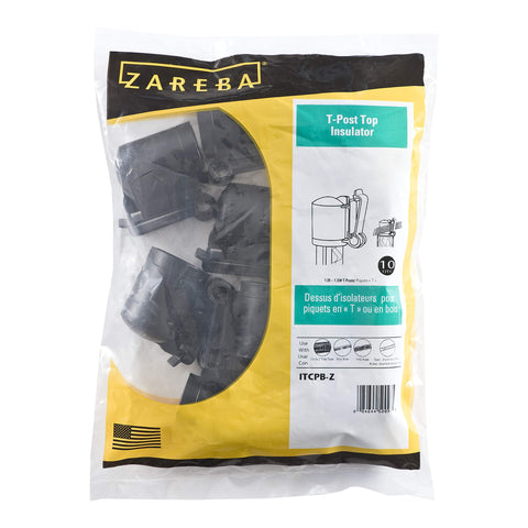 Zareba 10-pack insulator kit for safe fencing on T-post tops with any wire gauge.