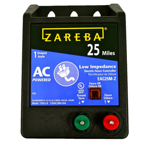 Zareba EAC25M-Z 25-mile AC fence charger powering a secure perimeter.