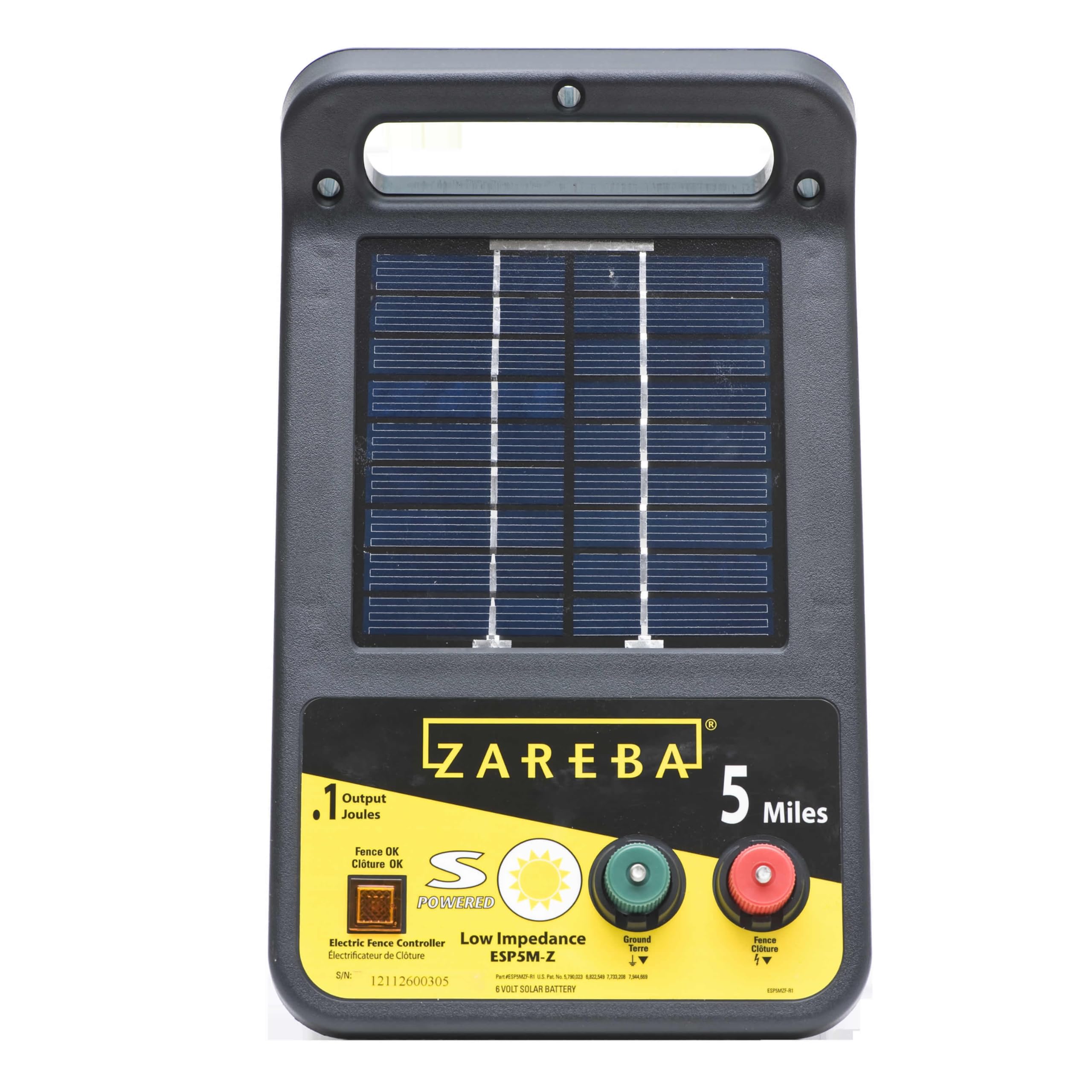 Zareba ESP5M-Z solar fence charger front view powering up to five miles of fencing