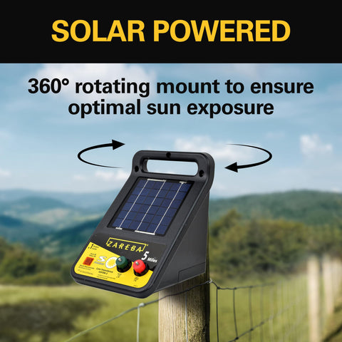 Zareba ESP5M-Z mounted on a T-post with 360-degree sun tracking for optimal charging