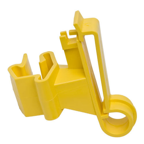 Zareba ITTY-Z yellow T-post insulator on a post securing polytape.