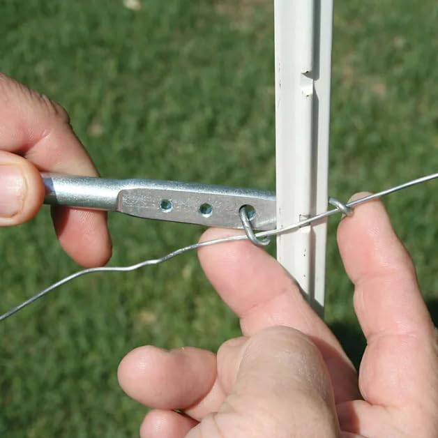 Zareba spacer clip and T-post twisting setup securing wire