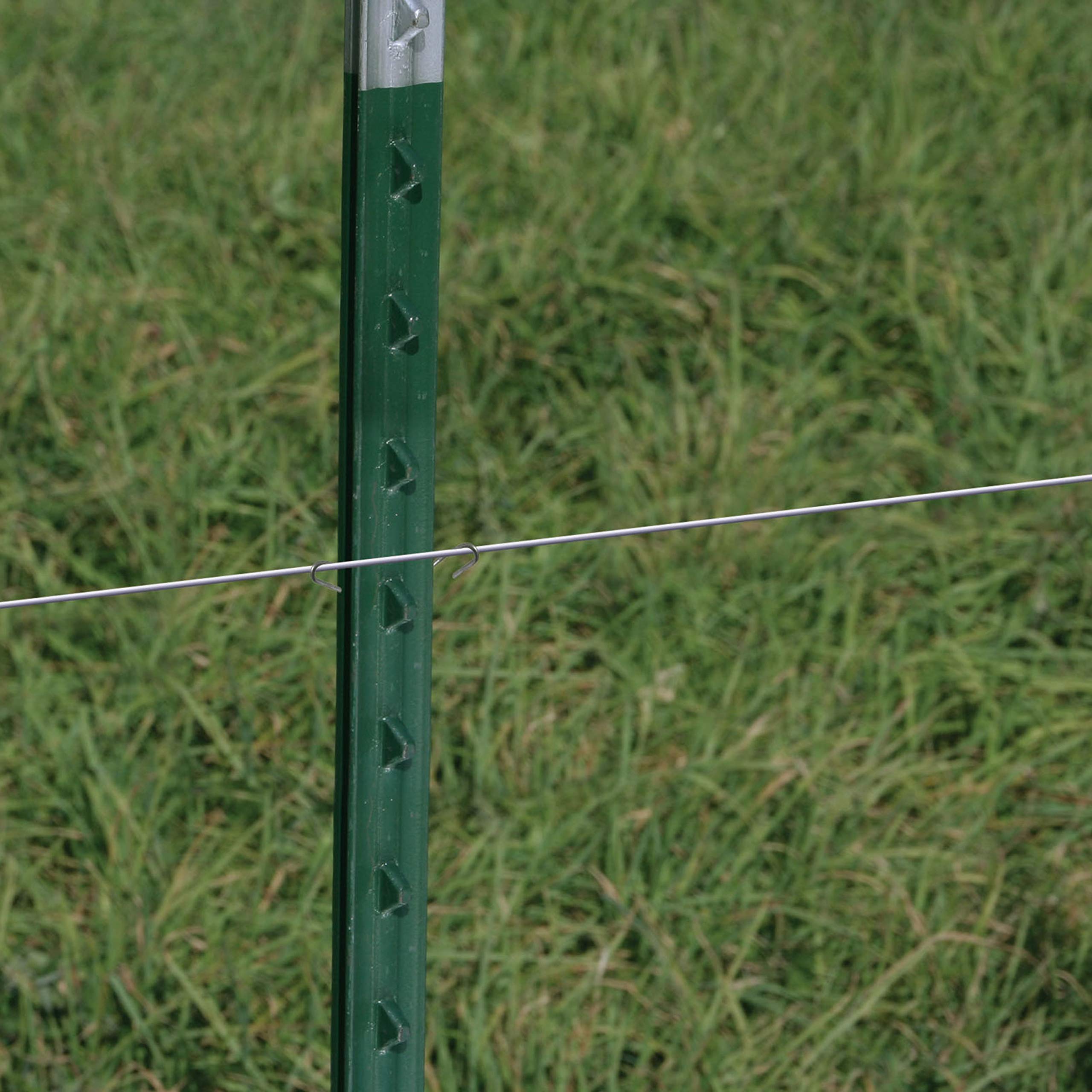 Close-up of Zareba clips showing galvanized 11.5-gauge build for durable fence setup.