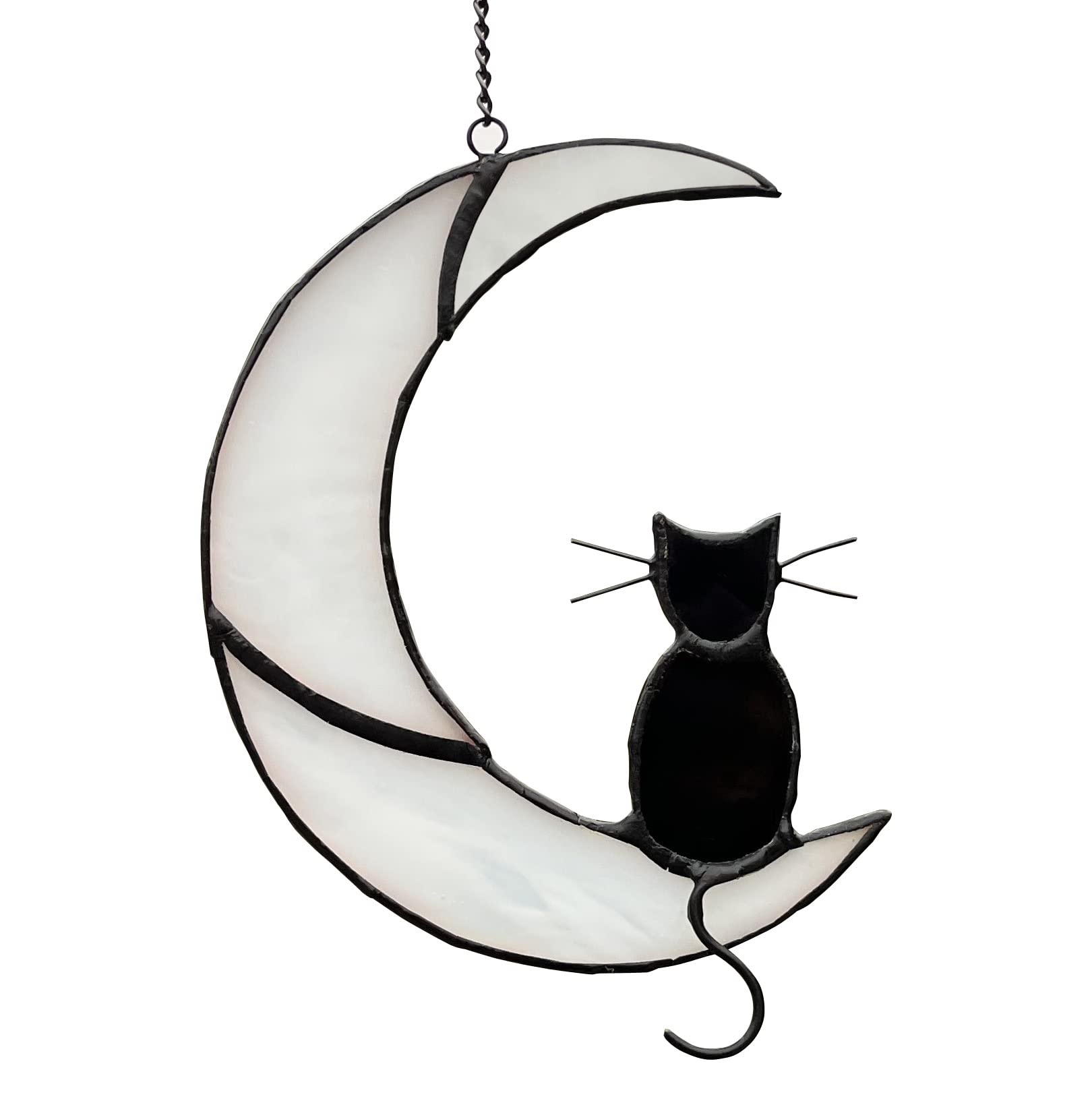 ZAUJITER Black Cat on White Moon stained glass suncatcher catching sunlight