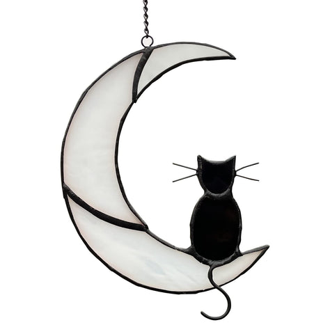 ZAUJITER Black Cat on White Moon stained glass suncatcher catching sunlight