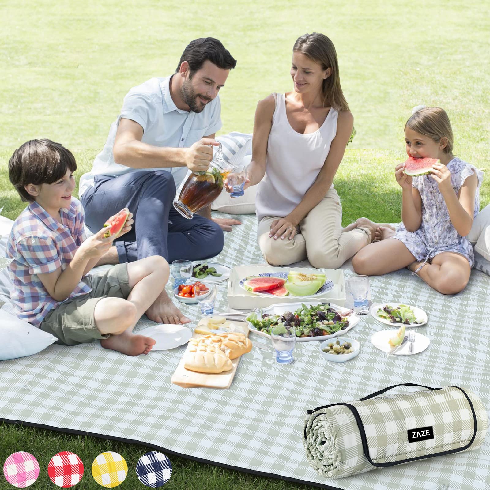 ZAZE extra large picnic blanket in green-white gingham for family gatherings