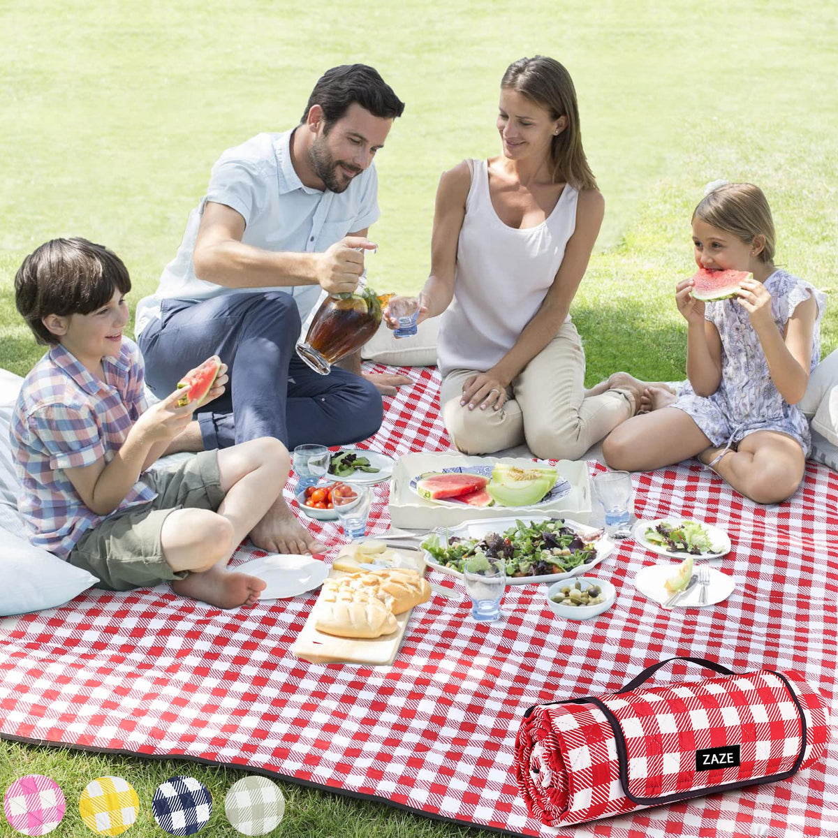 ZAZE picnic blanket 80x80 checkered red and white, ideal for family picnics