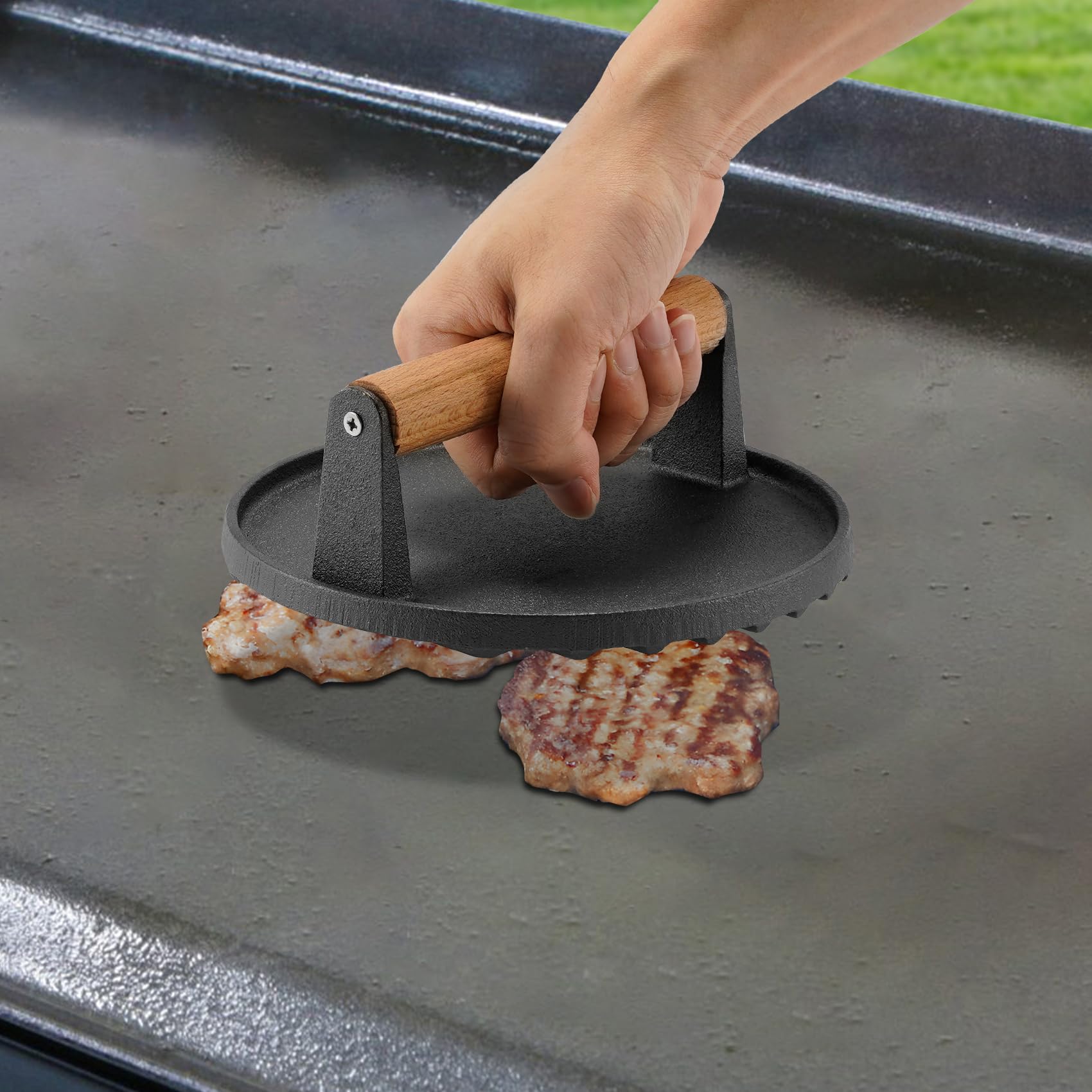 ZBXFCSH bacon press in use to flatten bacon evenly