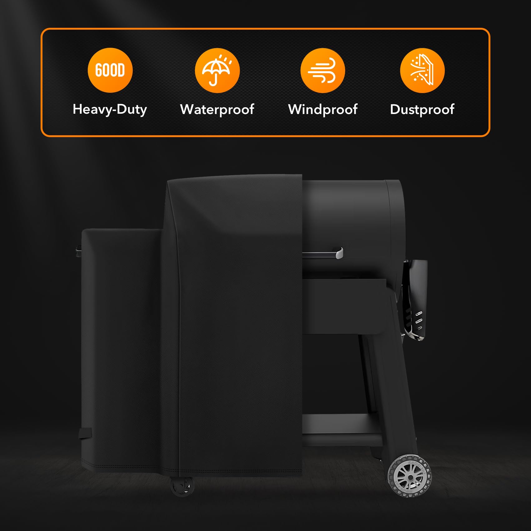 Weatherproof 600D polyester fabric shielding grill from elements