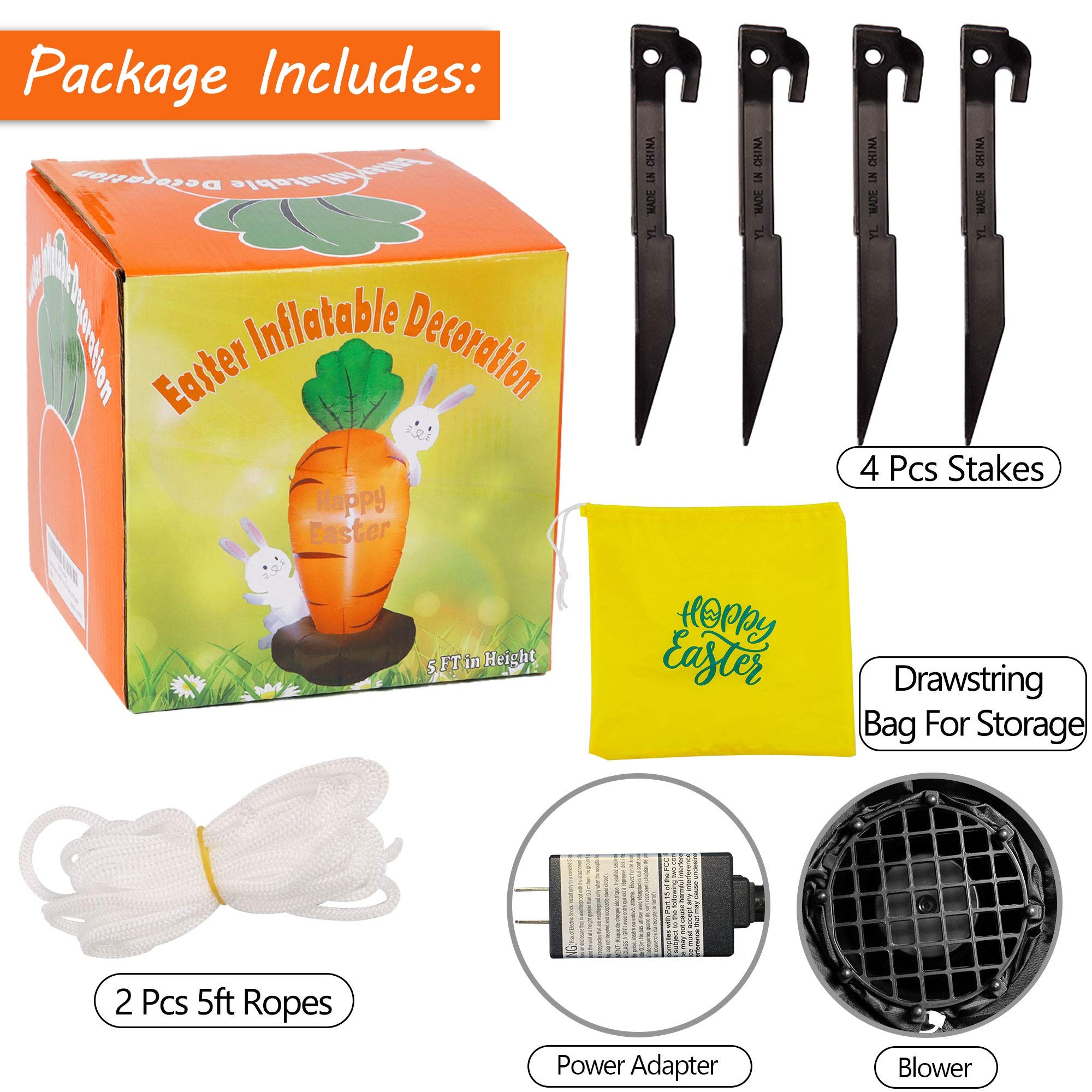 Package includes blower, adapter, stakes, and drawstring bag