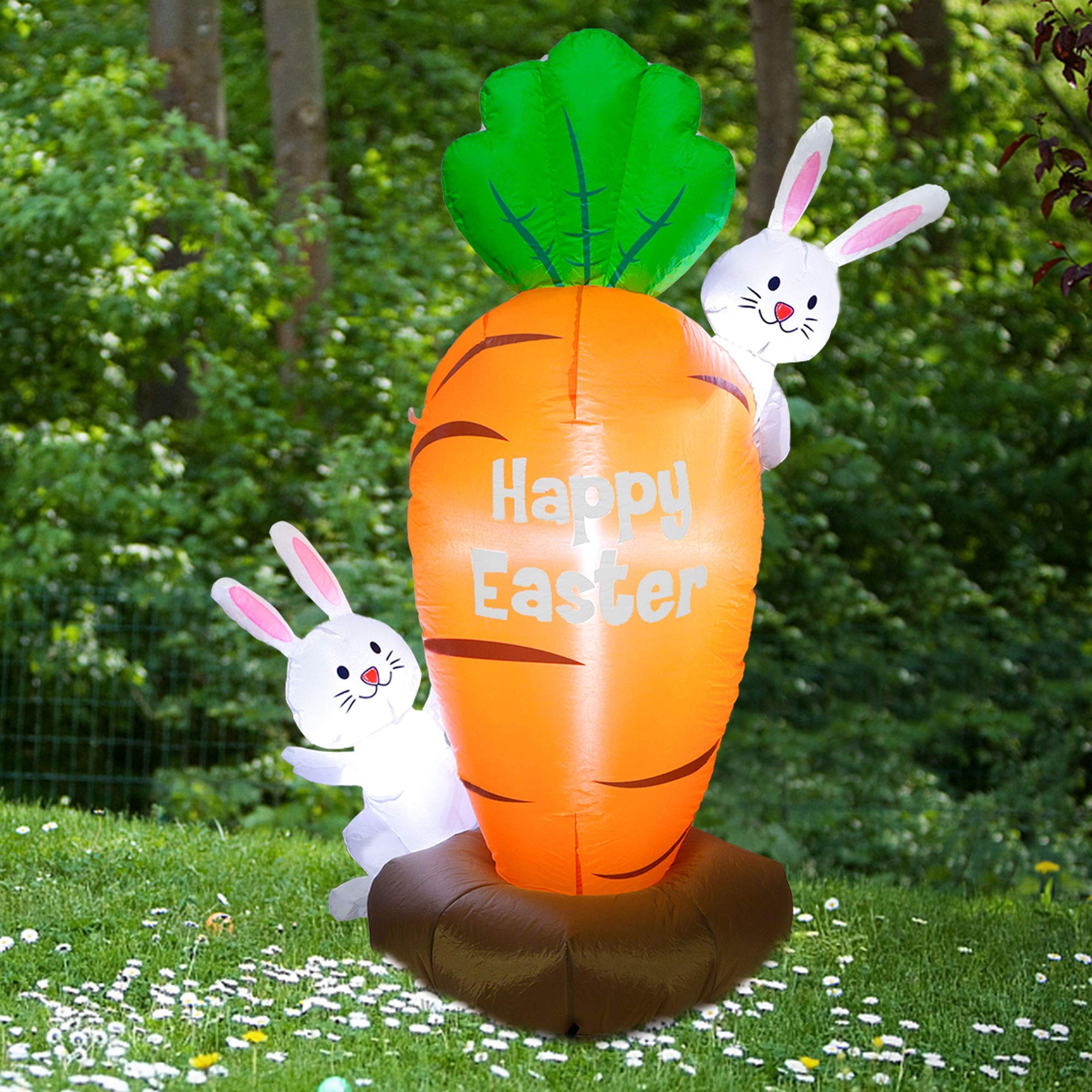 Night view of LED-lit Easter carrot and bunnies