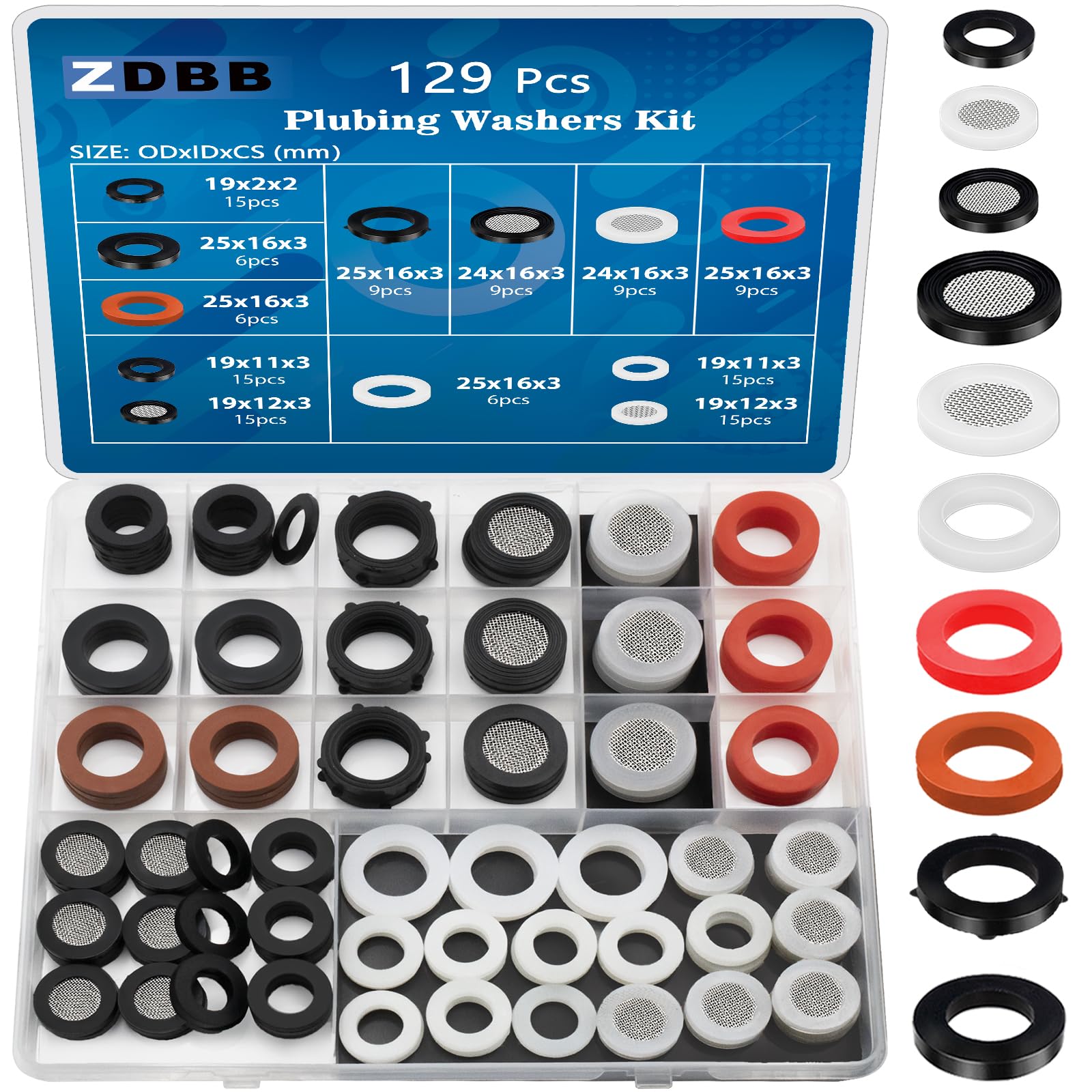 ZDBB 129 PCS washers kit in a clear storage box showing mixed materials for versatile sealing.