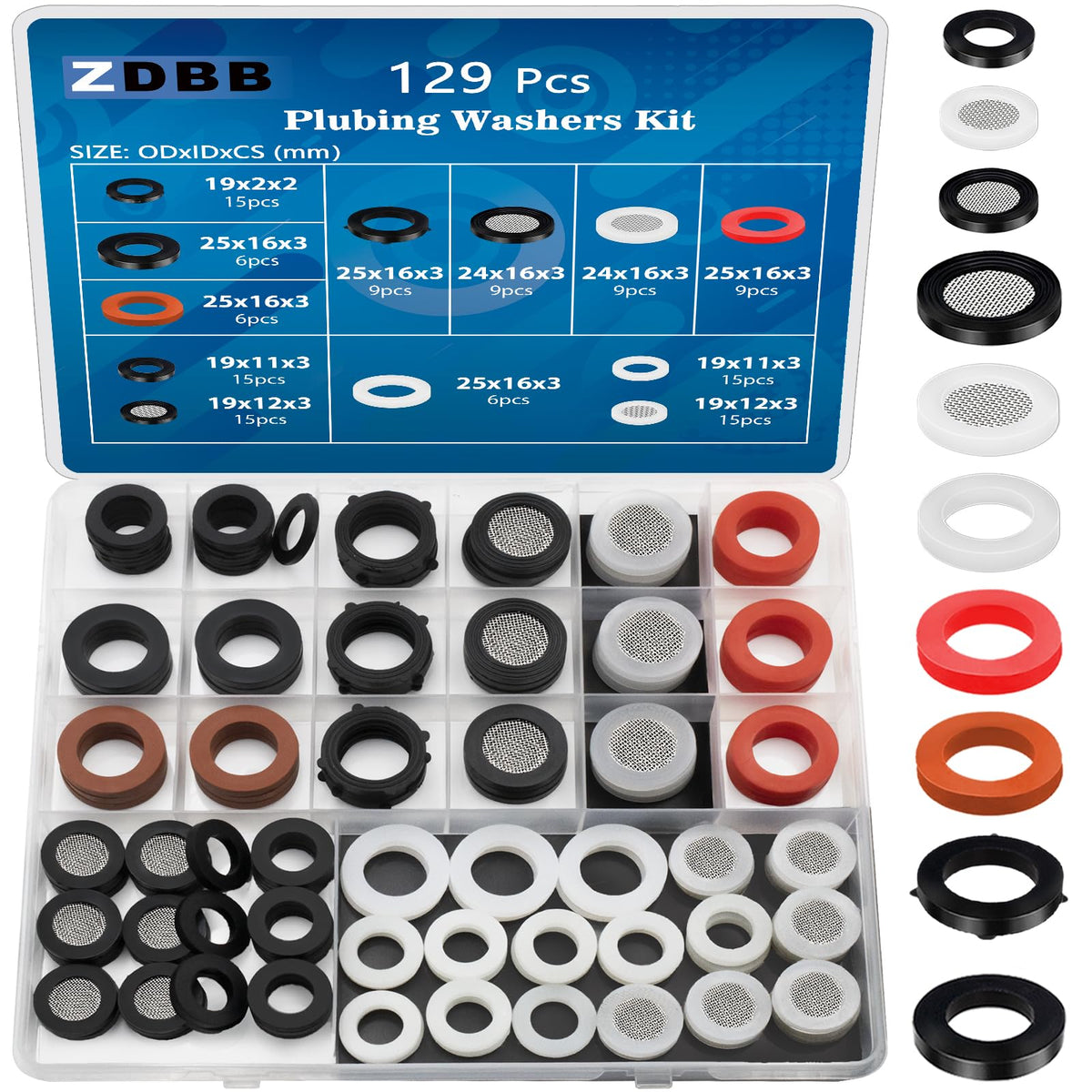 ZDBB 129 PCS washers kit in a clear storage box showing mixed materials for versatile sealing.