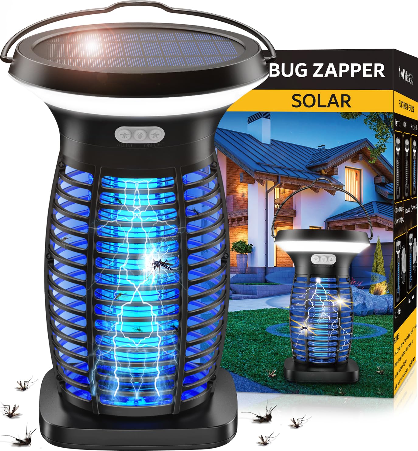 Zechuan solar bug zapper outdoors with panel sensor and LED night light for mosquito-free evenings.