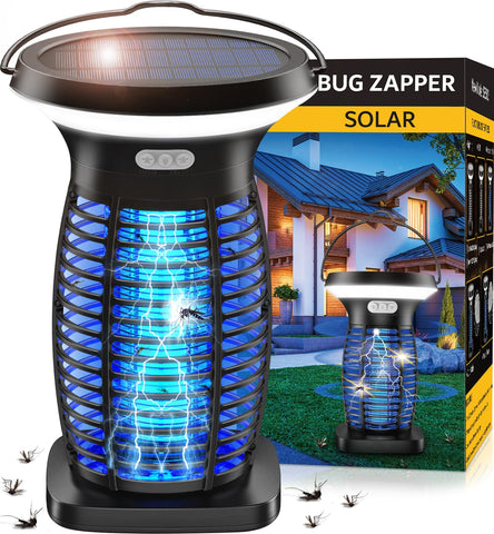 Zechuan solar bug zapper outdoors with panel sensor and LED night light for mosquito-free evenings.