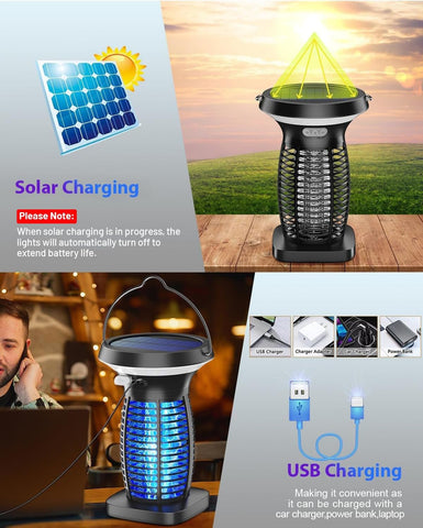 Zechuan solar bug zapper close-up showing trapping grid and USB-C charging option, efficient capture.