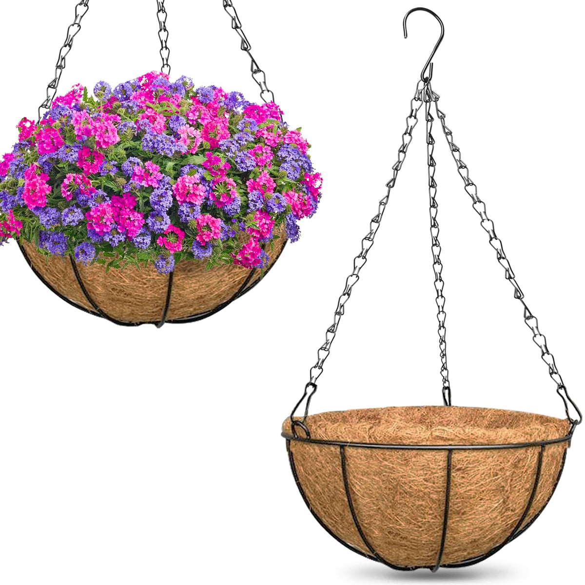 ZeeDix 14-inch hanging basket with coco coir liner for vibrant outdoor plants.