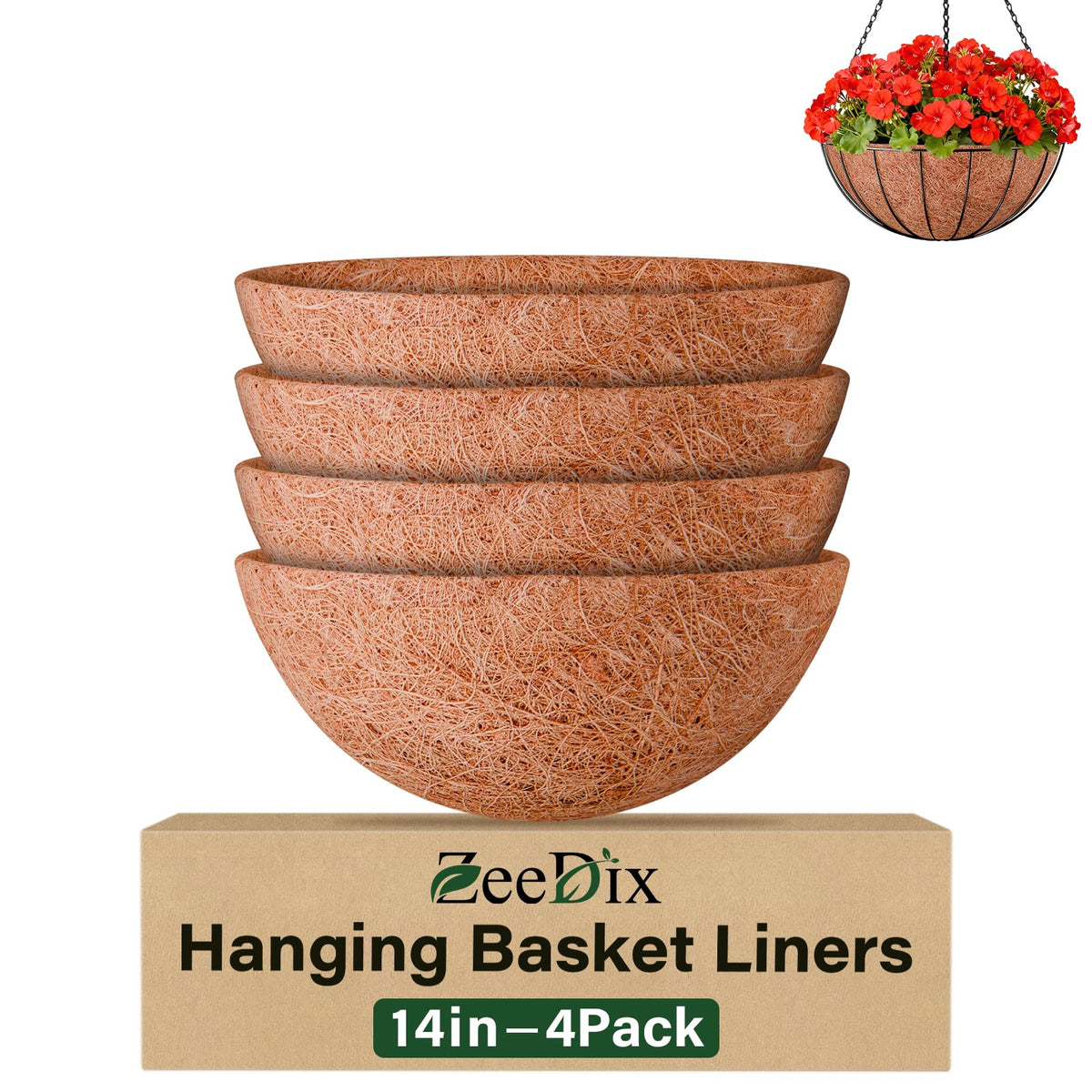 ZeeDix 14-inch coconut liner in a round basket top view for airflow and plant health