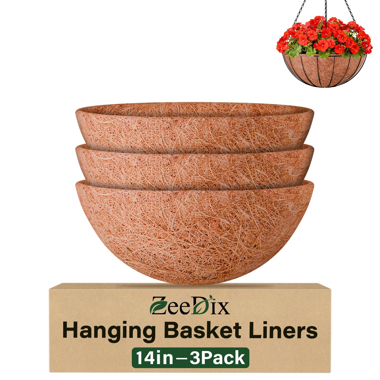 ZeeDix 14-inch round coconut liner inside a planter, supporting air flow and moisture retention.