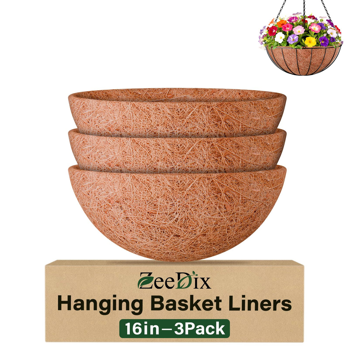 ZeeDix 16-inch round coco liner 3-pack for hanging baskets promotes root airflow.