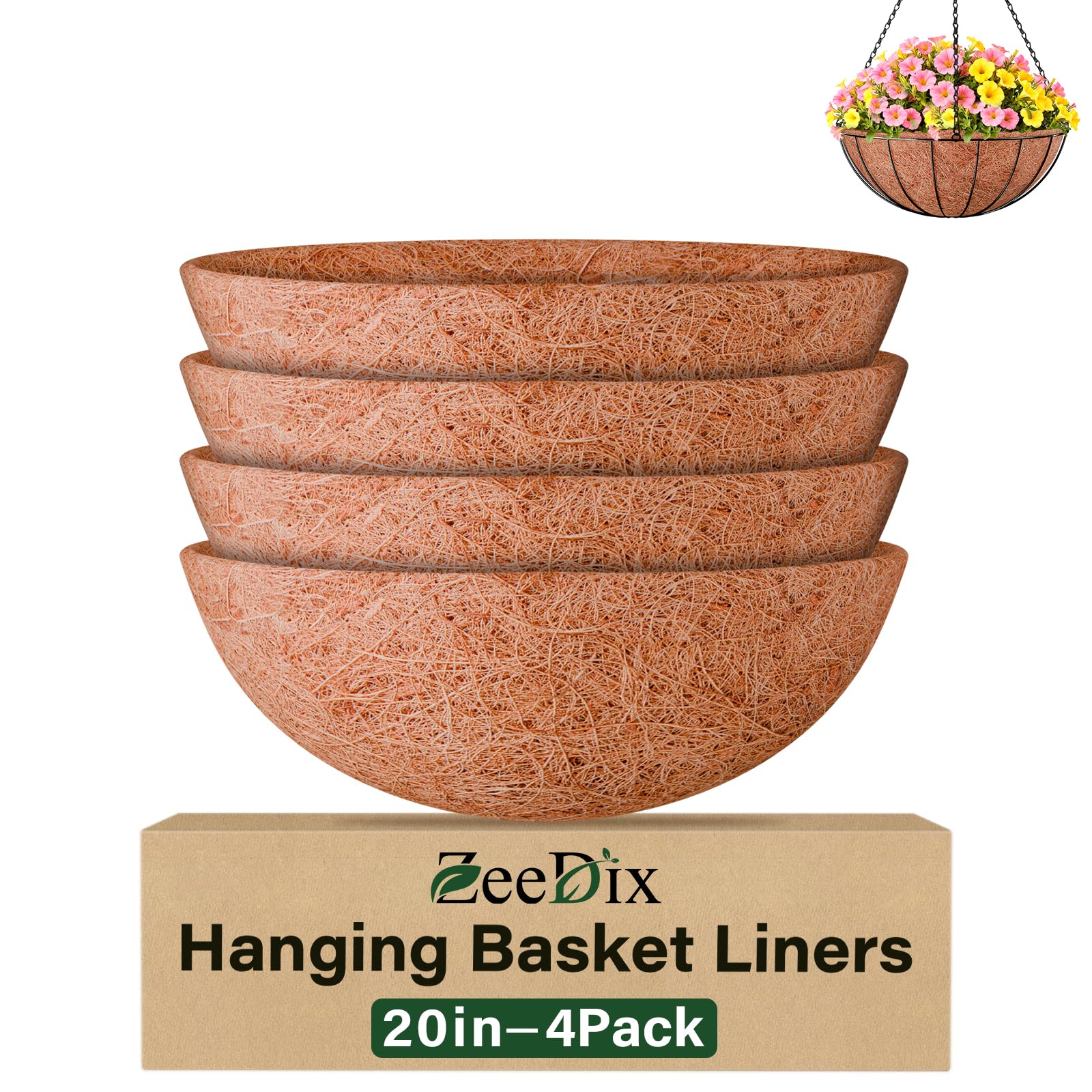 ZeeDix 20-inch coco liner fitted for round baskets, ideal for planting and drainage.