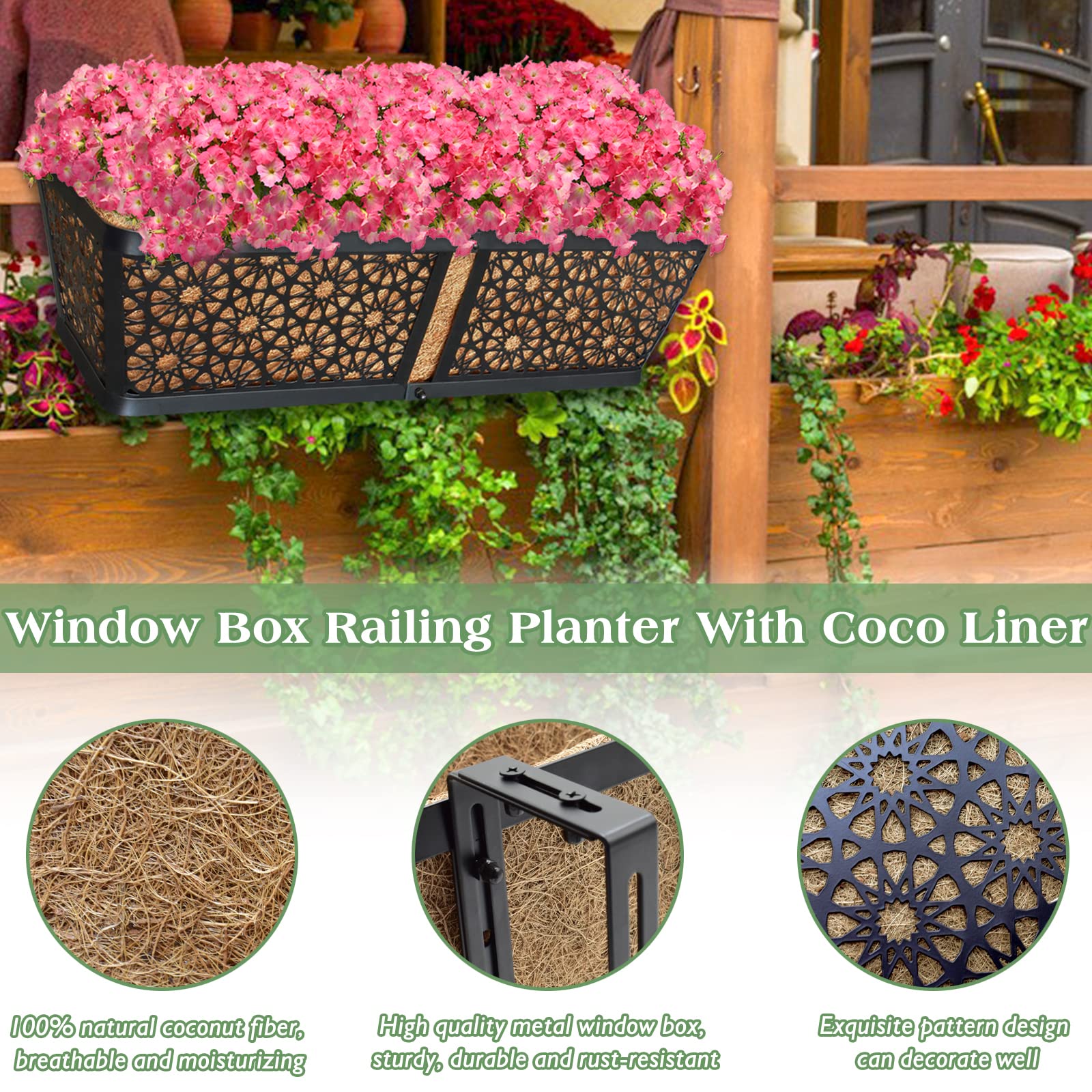 ZeeDix 24-inch over railing planter mounted on deck railing for flowers.