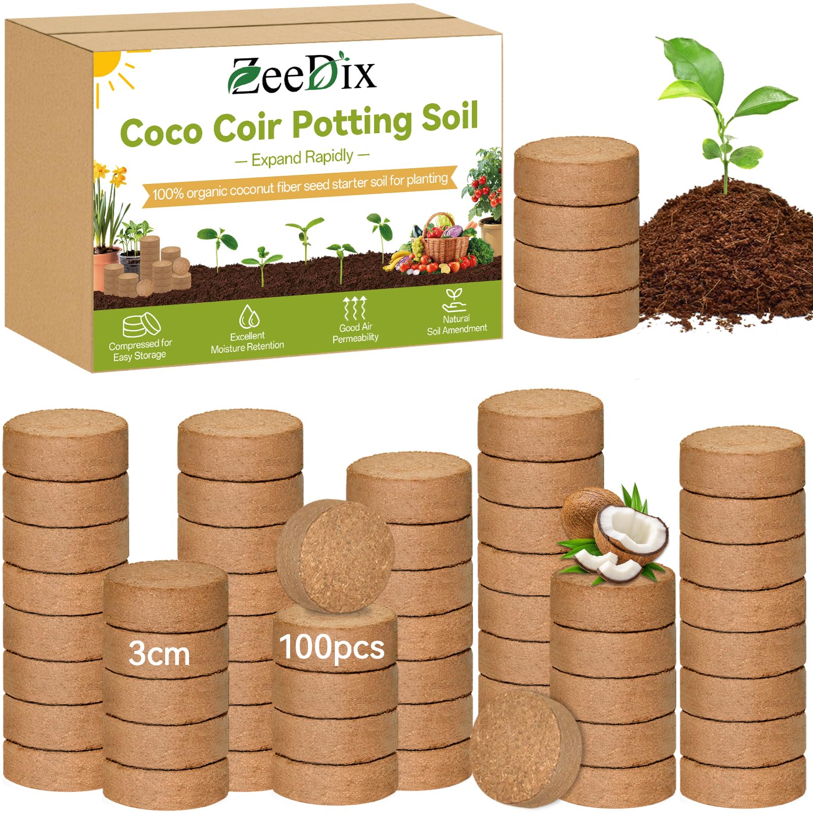ZeeDix 30mm coconut coir pellets pack expanding when watered for seed starting.