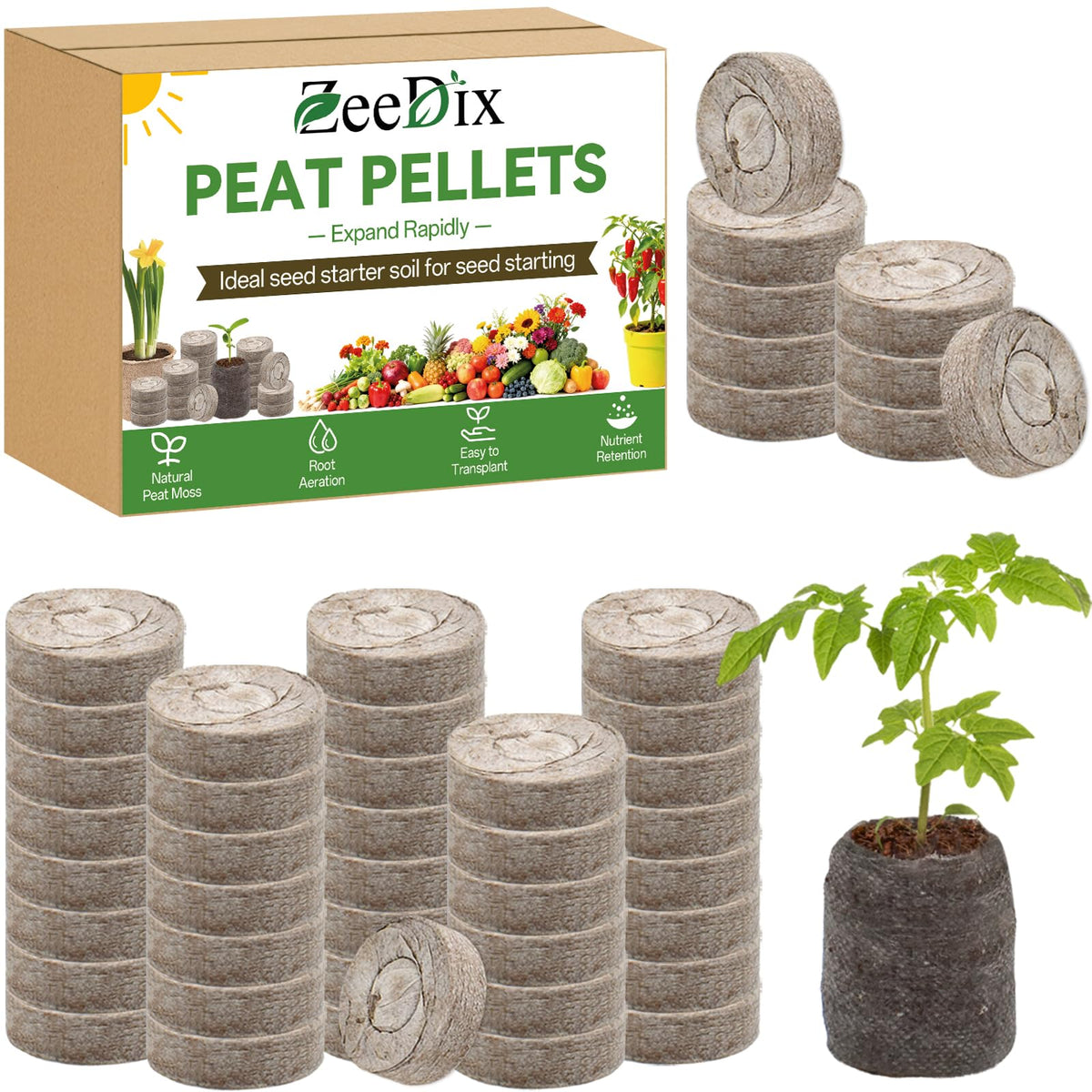 ZeeDix 30mm seed starter pellets in a box, ready for easy seedling setup.