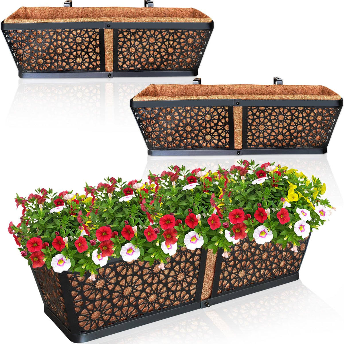 ZeeDix 3-pack metal window boxes railing display on a balcony.
