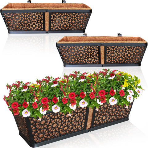 ZeeDix 3-pack metal window boxes railing display on a balcony.