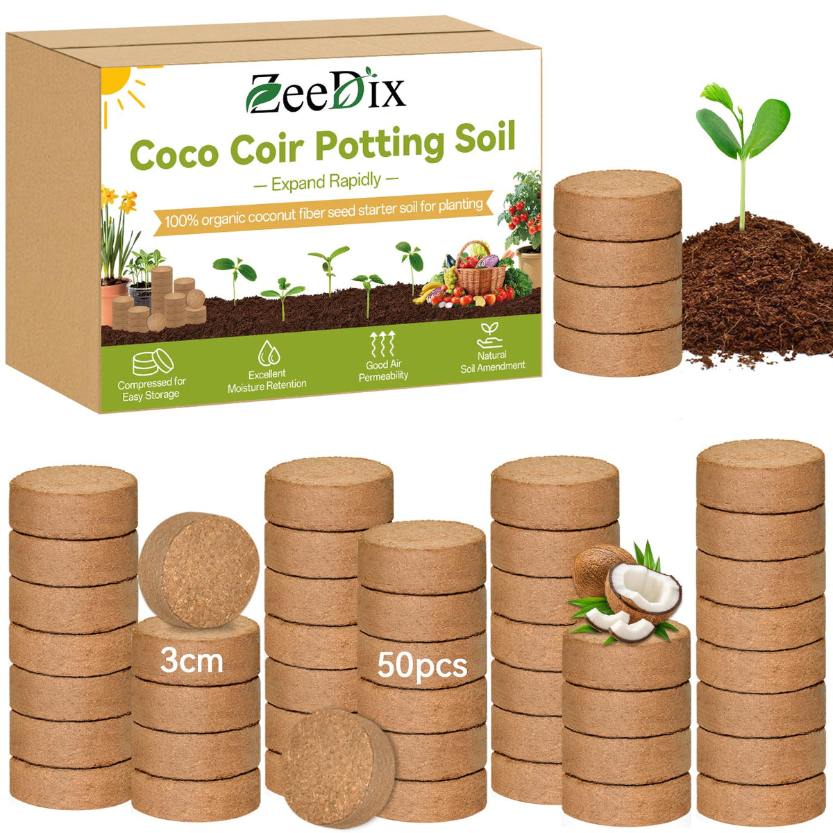 ZeeDix 50-pack 30mm coco coir pellets ready to expand for seed starting