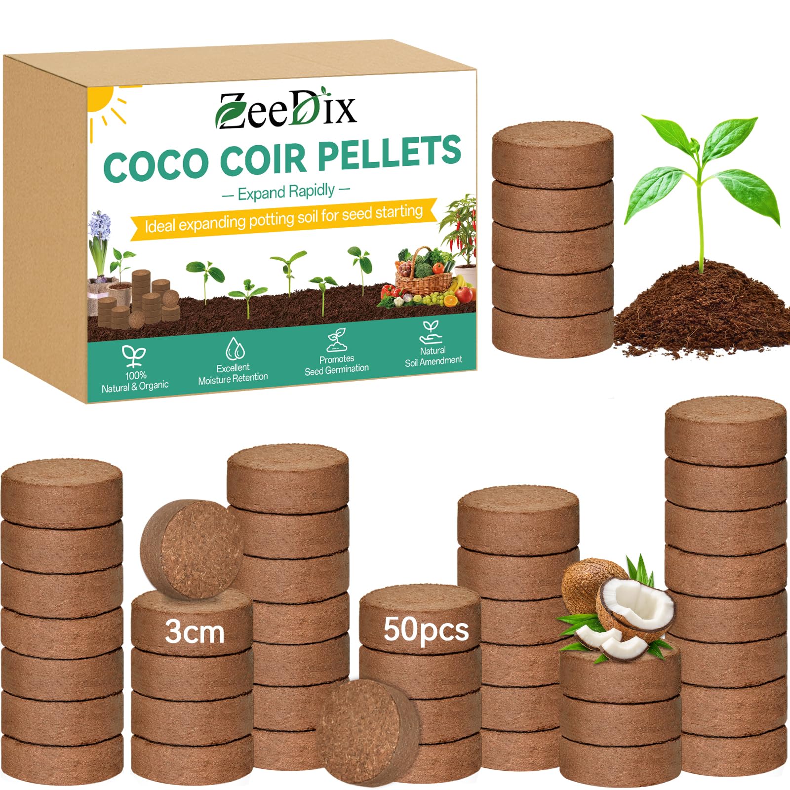 ZeeDix coco coir pellets expanding into seed-starting soil for seedlings.