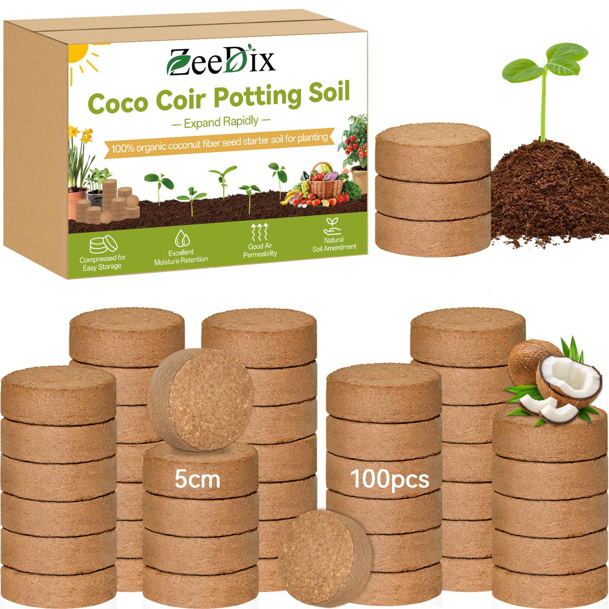 Zeedix 50mm coco coir pellets pack expands into seed starter soil for easy planting