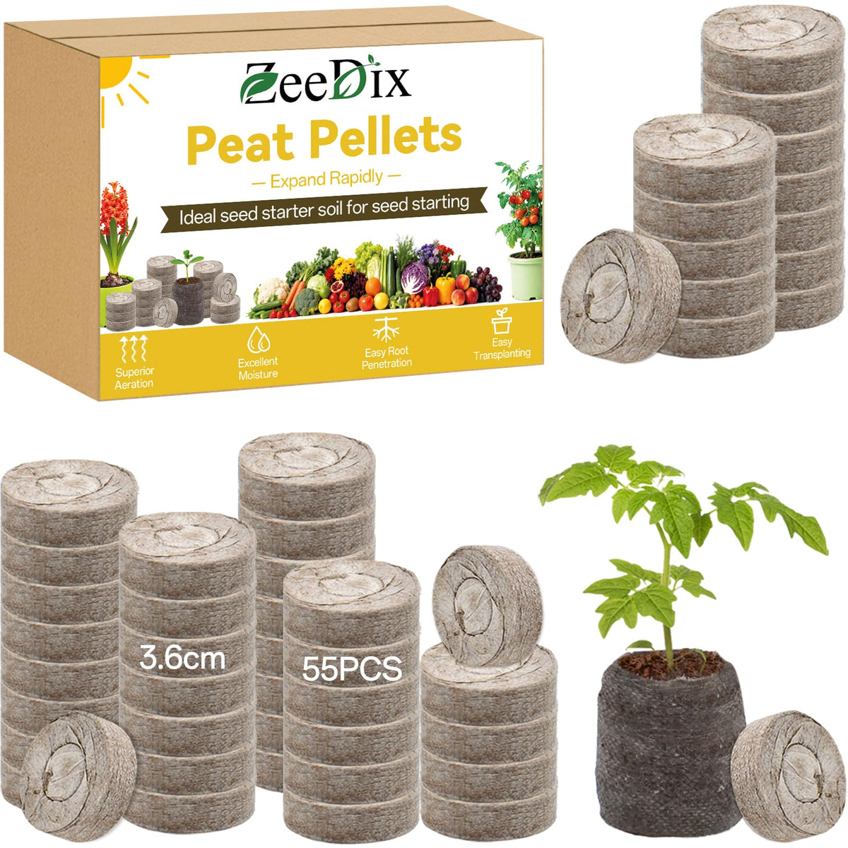 ZeeDix 55Pcs peat pellets box ready for seedling setup and transport.