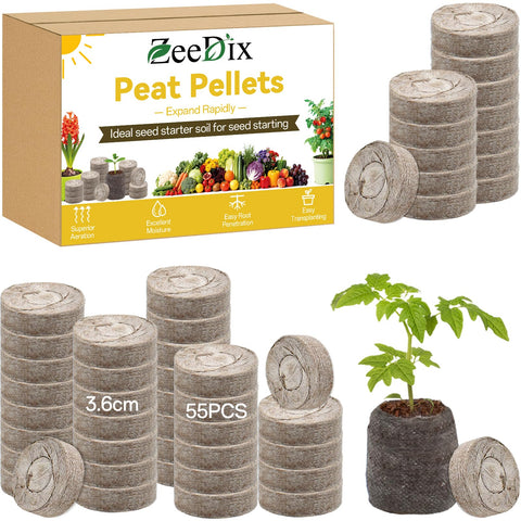 ZeeDix 55Pcs peat pellets box ready for seedling setup and transport.