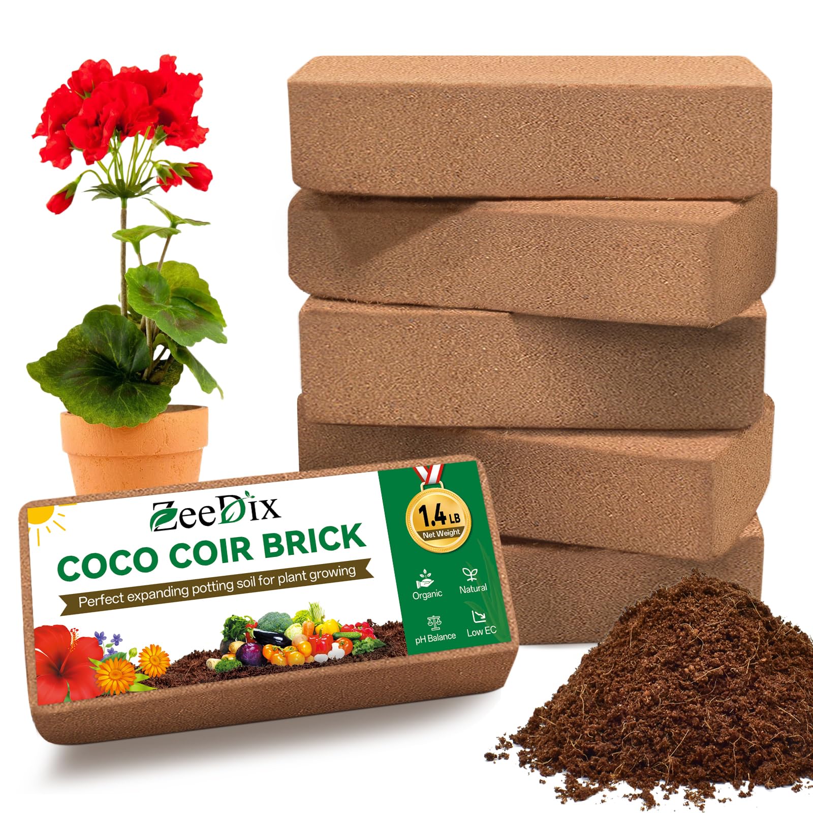 ZeeDix 6-pack coco coir bricks ready to expand into moisture-rich potting soil.