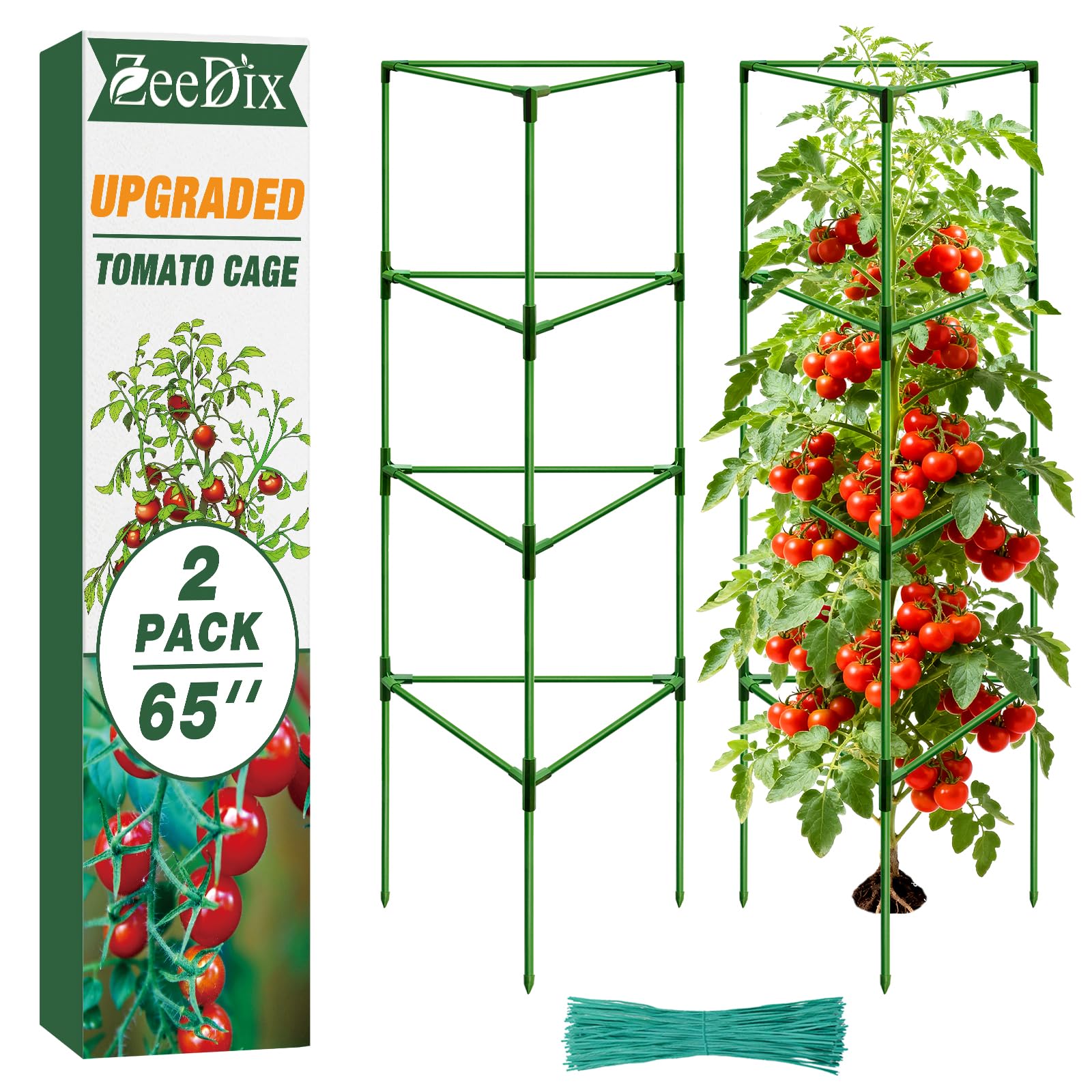 ZeeDix 65-inch tomato cage set provides sturdy support for tall plants and easy garden organization.
