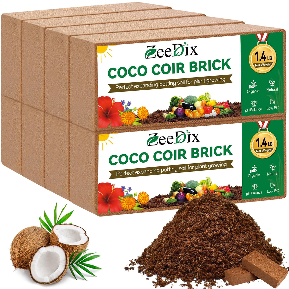 ZeeDix coco coir brick 8-pack compact size ready to expand into soil.