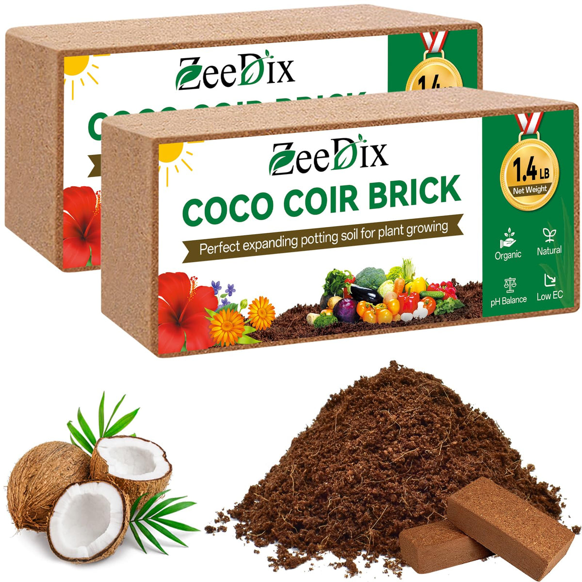 ZeeDix coco coir brick pack-2 expands to 15 quarts for seedlings.