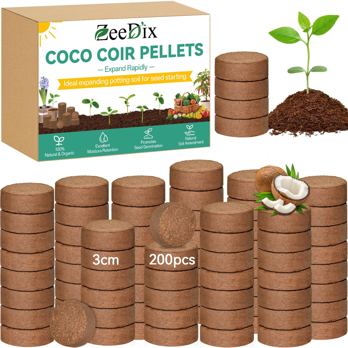 ZeeDix coco coir pellets 200pcs package for seed starting and potting