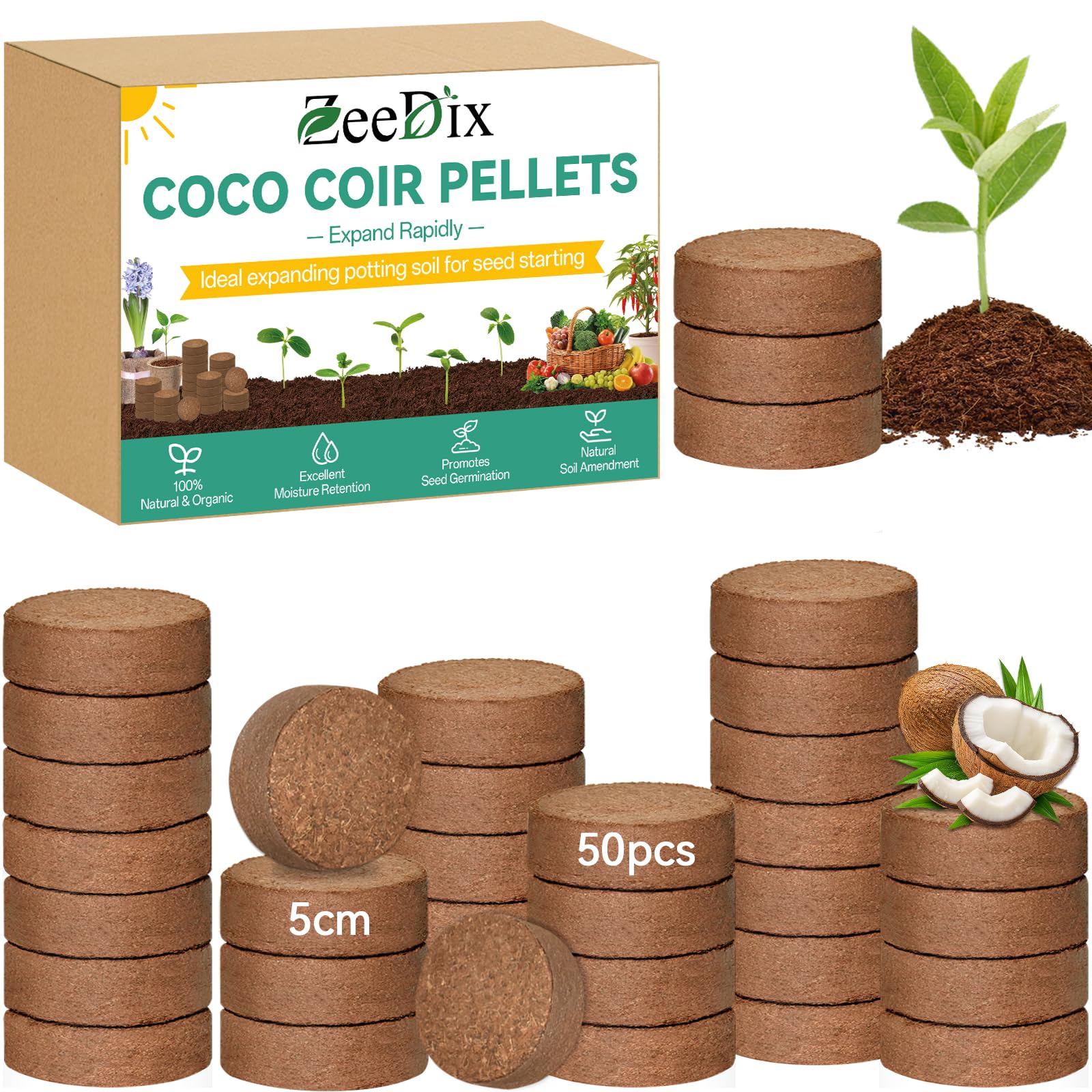 ZeeDix coco coir pellets with 50mm diameter expand into airy seed-starting soil.