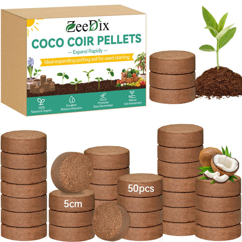 ZeeDix coco coir pellets with 50mm diameter expand into airy seed-starting soil.