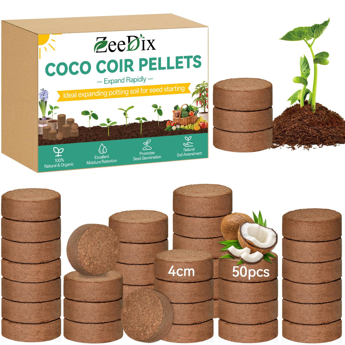 ZeeDix coco coir pellets 50-piece pack ready to hydrate for seed starting