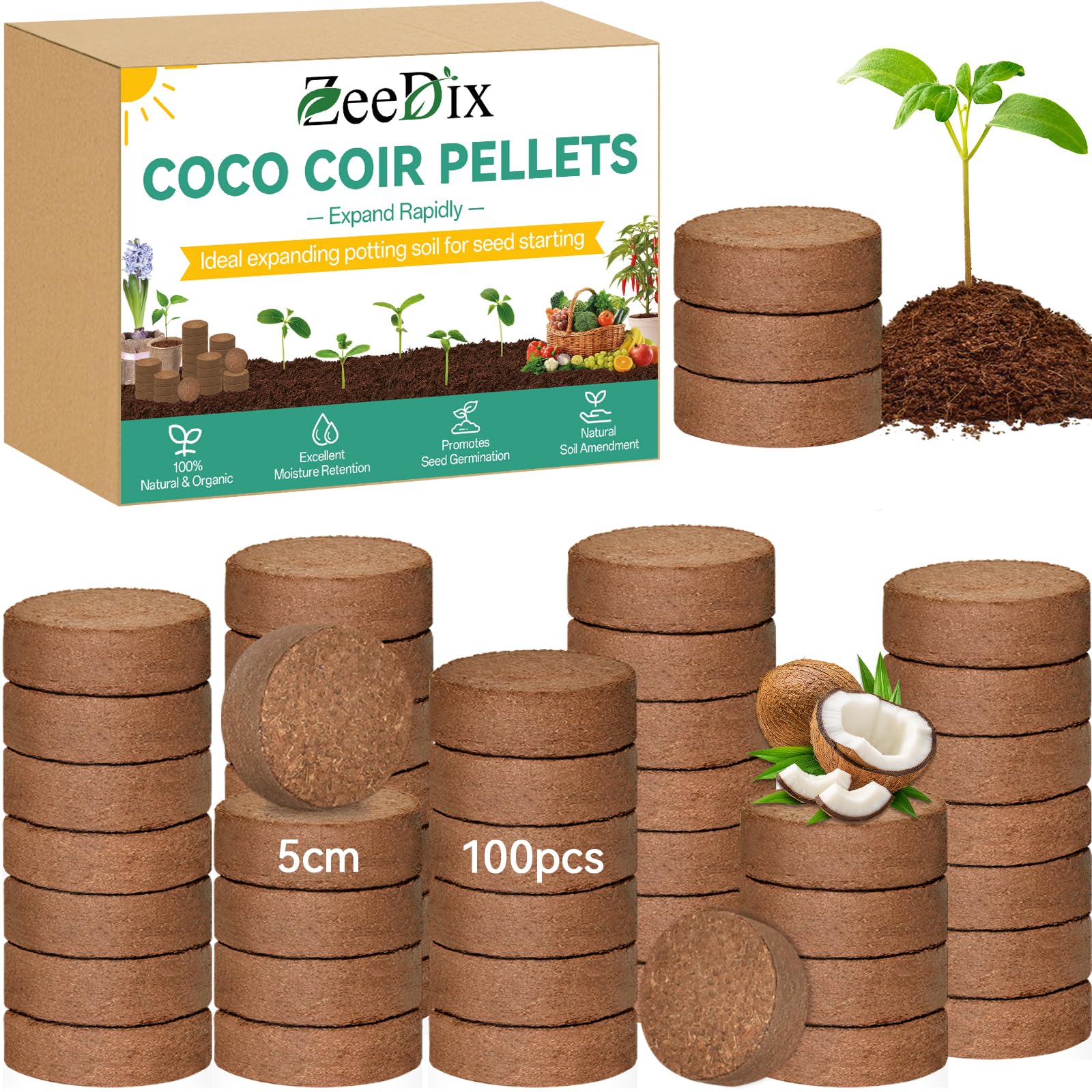 ZeeDix coco coir pellets compact discs ready for seed starting.
